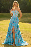 Floral Blue Ruffled A Line Long Corset Prom Dress with Slit