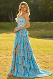 Floral Blue Ruffled A Line Long Corset Prom Dress with Slit