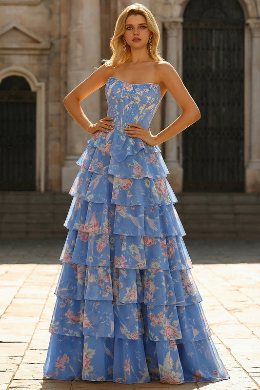 Floral Dark Blue A Line Ruffled Tiered Long Corset Prom Dress with Slit