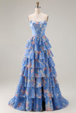 Floral Blue A Line Tiered Ruffled Long Corset Prom Dress with Slit