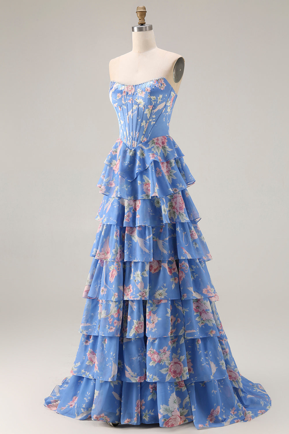 Floral Blue A Line Tiered Ruffled Long Corset Prom Dress with Slit