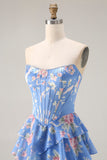 Floral Blue A Line Tiered Ruffled Long Corset Prom Dress with Slit