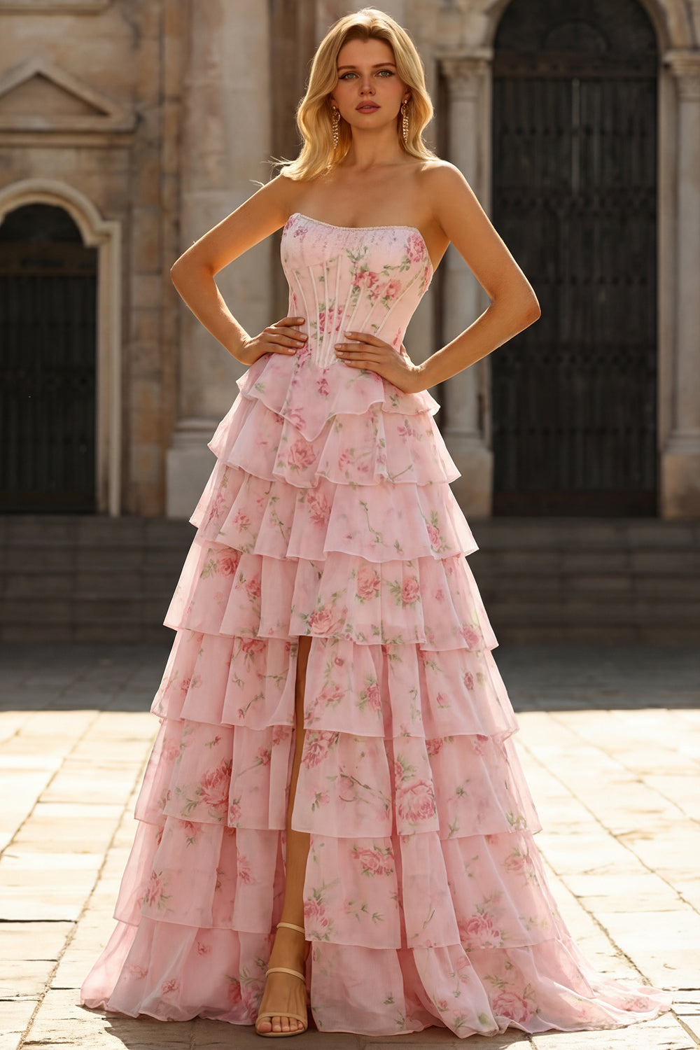 Floral Blue A Line Tiered Long Corset Prom Dress with Slit