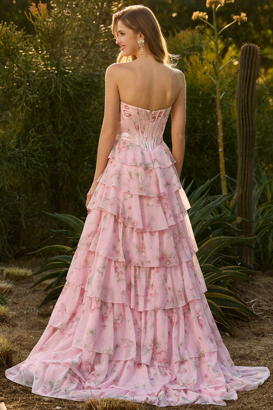 Floral Pink A Line Ruffled Long Corset Prom Dress with Slit