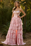 Floral Pink A Line Ruffled Long Corset Prom Dress with Slit