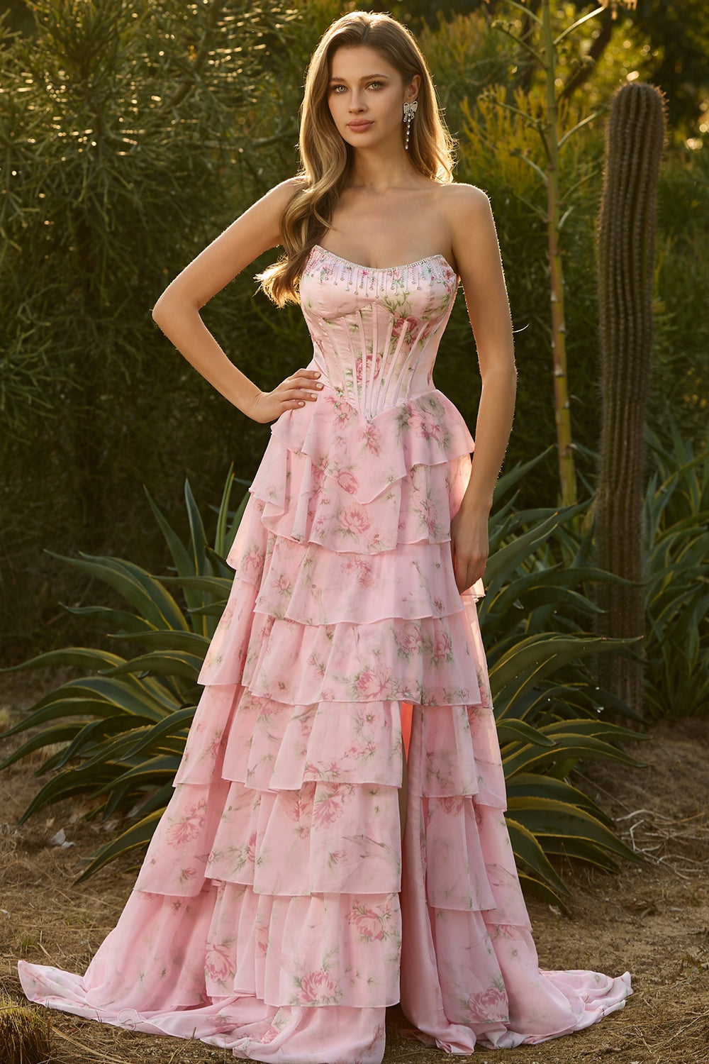 Floral Pink A Line Ruffled Long Corset Prom Dress with Slit