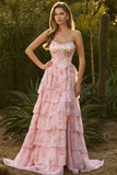 Floral Pink A Line Ruffled Long Corset Prom Dress with Slit