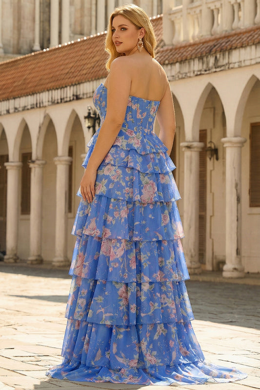Plus Size Floral Dark Blue Tiered Ruffled A Line Long Corset Prom Dress with Slit
