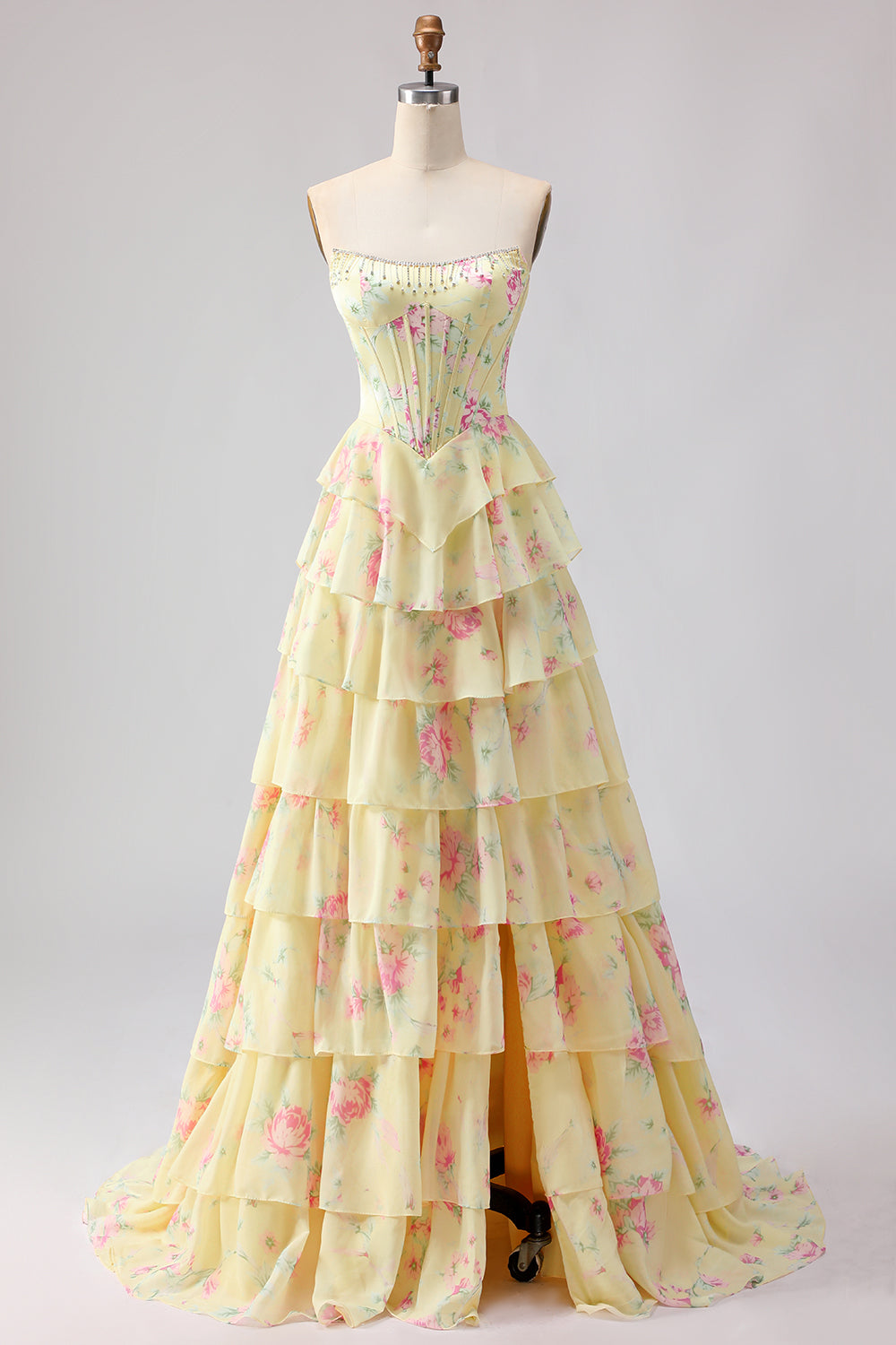 Floral Blue A Line Tiered Long Corset Prom Dress with Slit