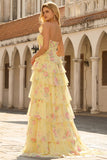 Floral Blue Ruffled A Line Long Corset Prom Dress with Slit