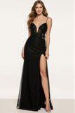 Sparkly Black Spaghetti Straps Mermaid Long Formal Dress with Beading