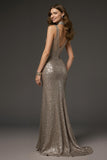 Sparkly Dark Silver Sequin V-Neck Mermaid Long Formal Dress with Slit