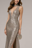 Sparkly Dark Silver Sequin V-Neck Mermaid Long Formal Dress with Slit