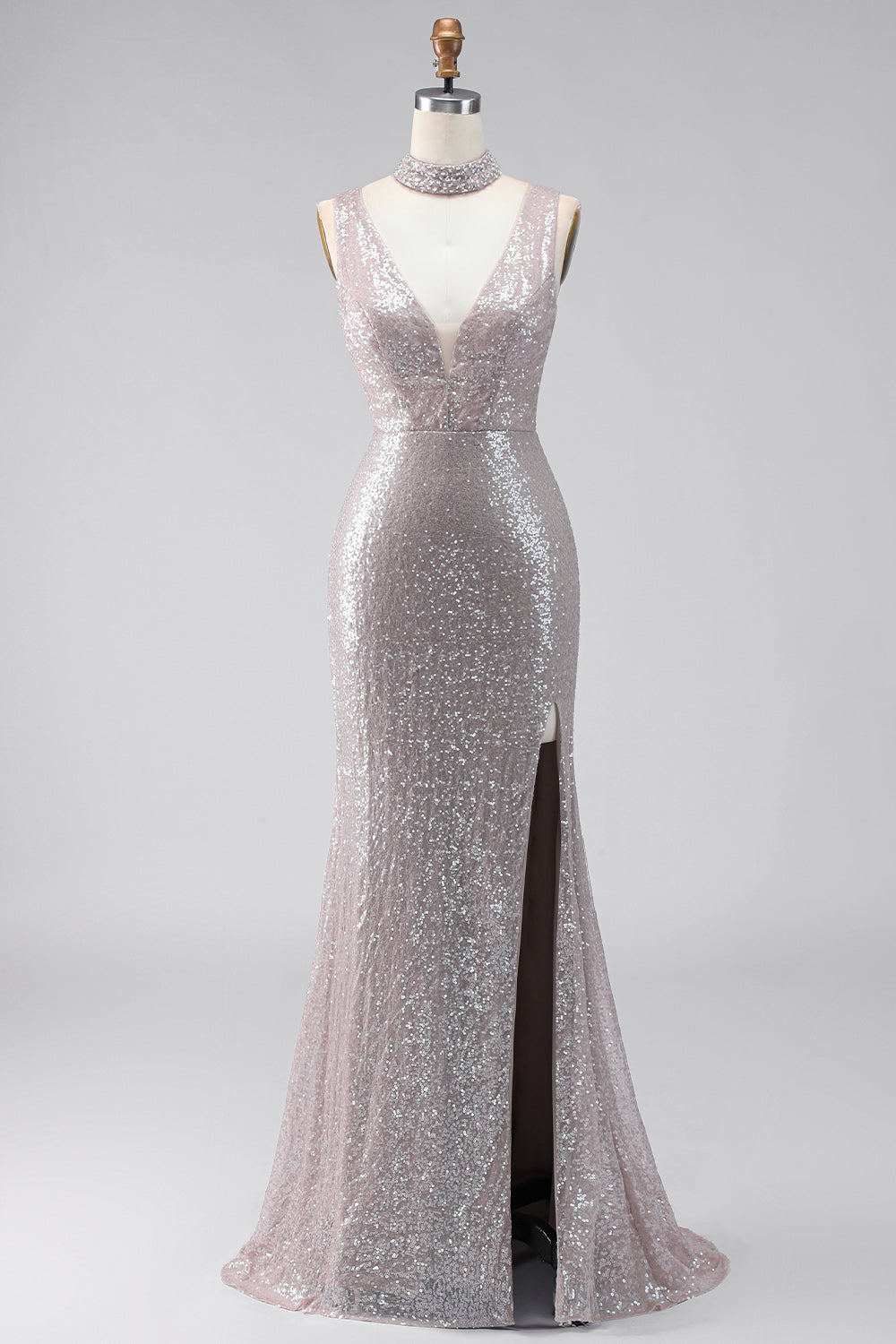 Sparkly Dark Silver Sequin V-Neck Mermaid Long Formal Dress with Slit