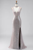 Sparkly Dark Silver Sequin V-Neck Mermaid Long Formal Dress with Slit