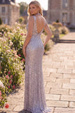 Sparkly Dark Silver Sequin V-Neck Mermaid Long Formal Dress with Slit