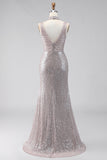 Sparkly Dark Silver Sequin V-Neck Mermaid Long Formal Dress with Slit