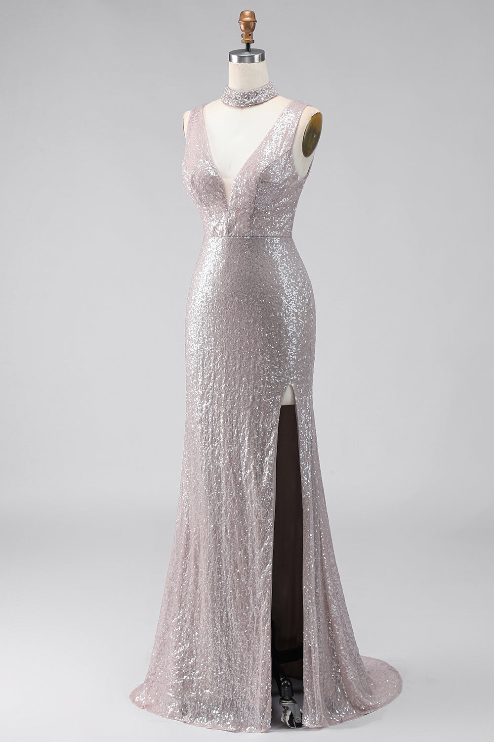 Sparkly Dark Silver Sequin V-Neck Mermaid Long Formal Dress with Slit