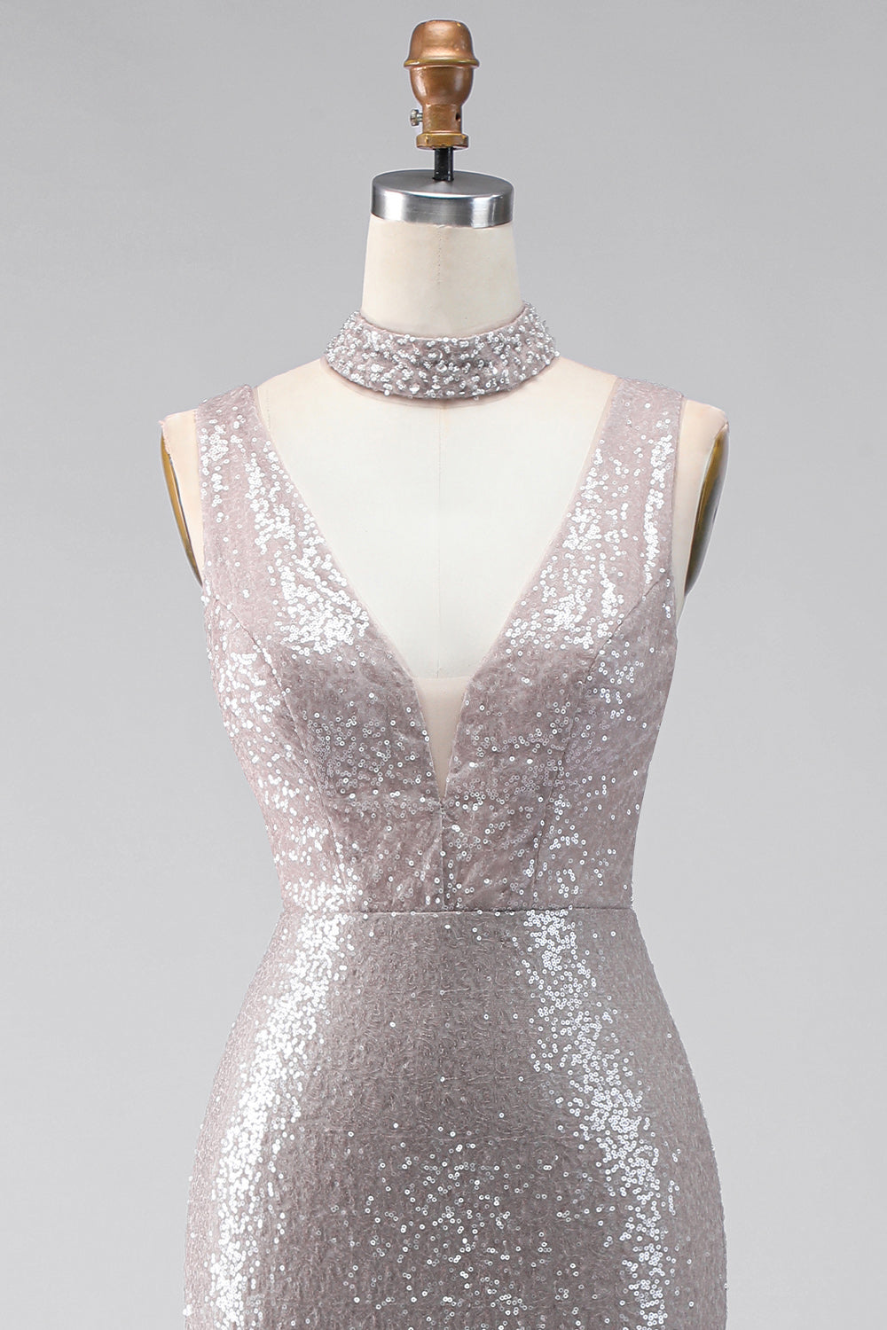 Sparkly Dark Silver Sequin V-Neck Mermaid Long Formal Dress with Slit