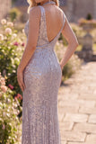 Sparkly Dark Silver Sequin V-Neck Mermaid Long Formal Dress with Slit