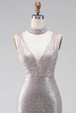 Sparkly Dark Silver Sequin V-Neck Mermaid Long Formal Dress with Slit