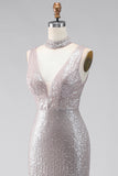 Sparkly Dark Silver Sequin V-Neck Mermaid Long Formal Dress with Slit