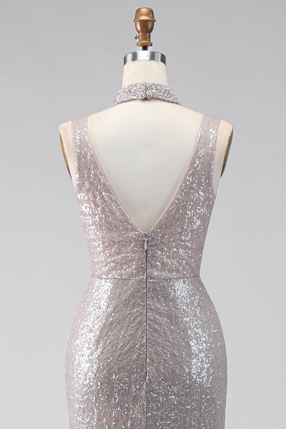 Sparkly Dark Silver Sequin V-Neck Mermaid Long Formal Dress with Slit