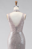 Sparkly Dark Silver Sequin V-Neck Mermaid Long Formal Dress with Slit