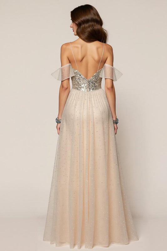 Sparkly Champagne Spaghetti Straps Sequin A-Line  Long Formal Dress with Slit