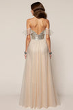 Sparkly Champagne Spaghetti Straps Sequin A-Line  Long Formal Dress with Slit