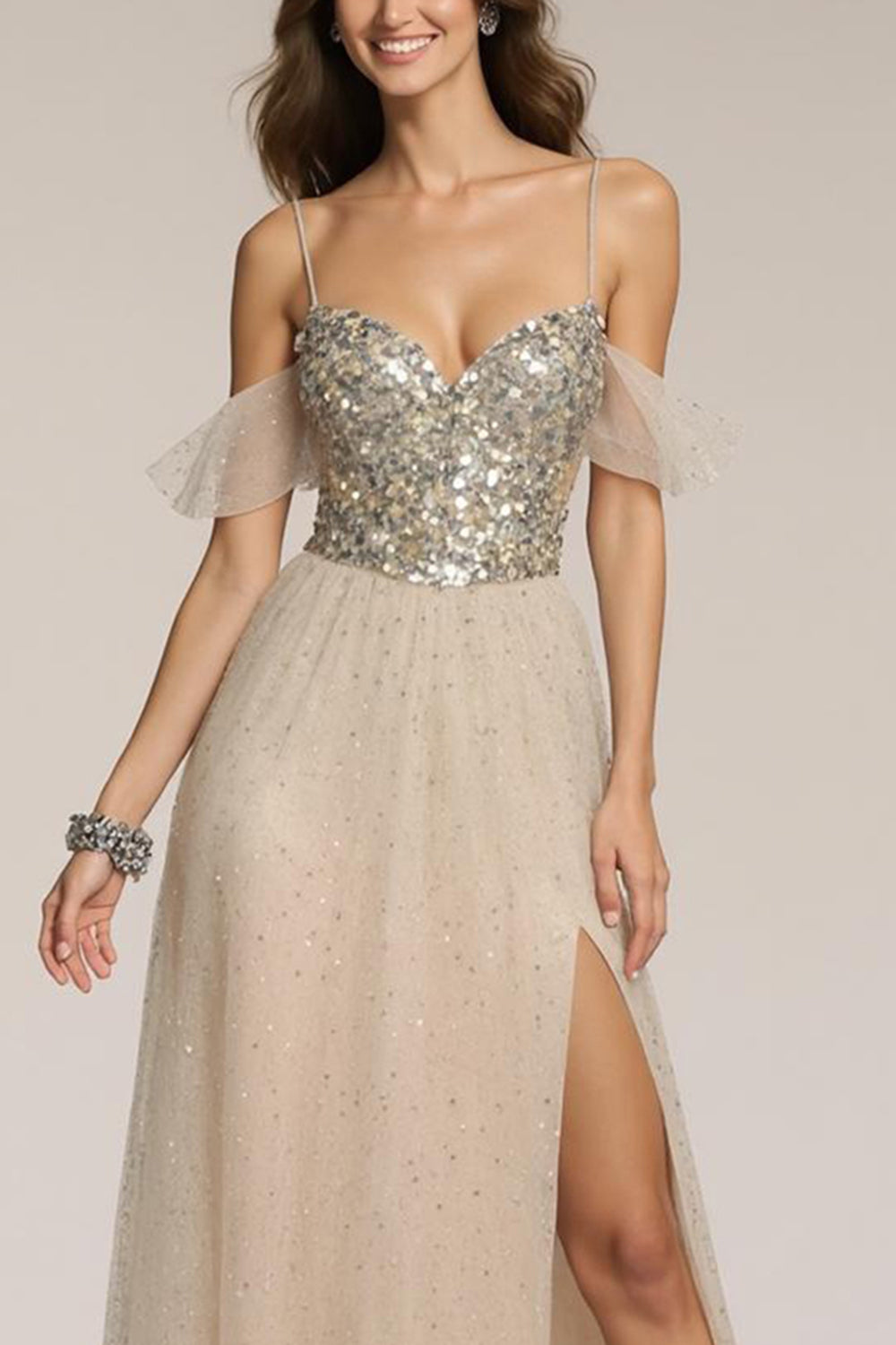 Sparkly Champagne Spaghetti Straps Sequin A-Line  Long Formal Dress with Slit
