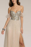 Sparkly Champagne Spaghetti Straps Sequin A-Line  Long Formal Dress with Slit