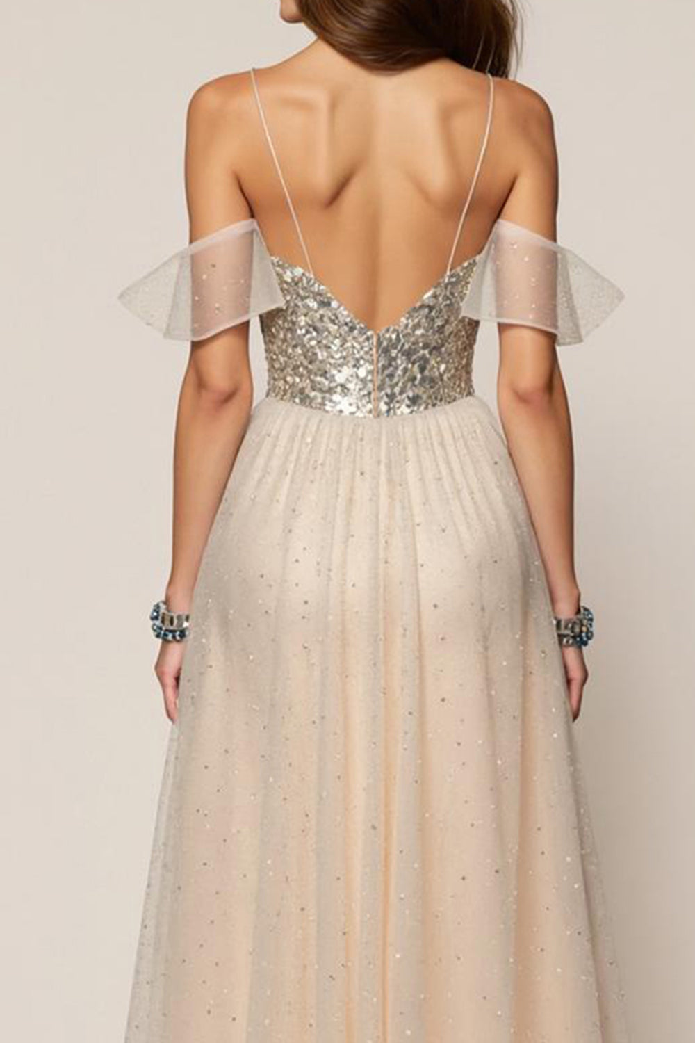 Sparkly Champagne Spaghetti Straps Sequin A-Line  Long Formal Dress with Slit