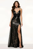 Sparkly Black Spaghetti Straps Sequin Mermaid Long Formal Dress with Bow