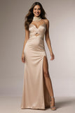 Champagne Spaghetti Straps Ruched Mermaid Long Formal Dress with Slit