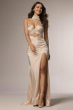 Champagne Spaghetti Straps Ruched Mermaid Long Formal Dress with Slit