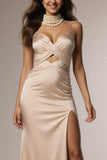 Champagne Spaghetti Straps Ruched Mermaid Long Formal Dress with Slit
