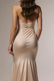Champagne Spaghetti Straps Ruched Mermaid Long Formal Dress with Slit