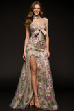 Sparkly Champagne Floral V-Neck Mermaid Long Formal Dress with Beading