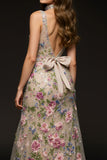 Sparkly Champagne Floral V-Neck Mermaid Long Formal Dress with Beading