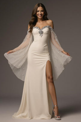Sparkly Ivory Off the Shoulder Mermaid Long Formal Dress with Cape