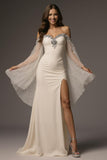 Sparkly Ivory Off the Shoulder Mermaid Long Formal Dress with Cape