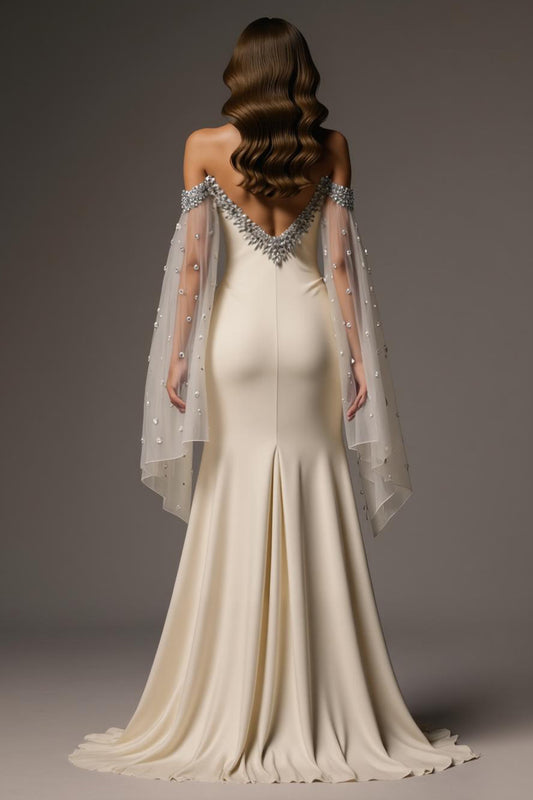 Sparkly Ivory Off the Shoulder Mermaid Long Formal Dress with Cape