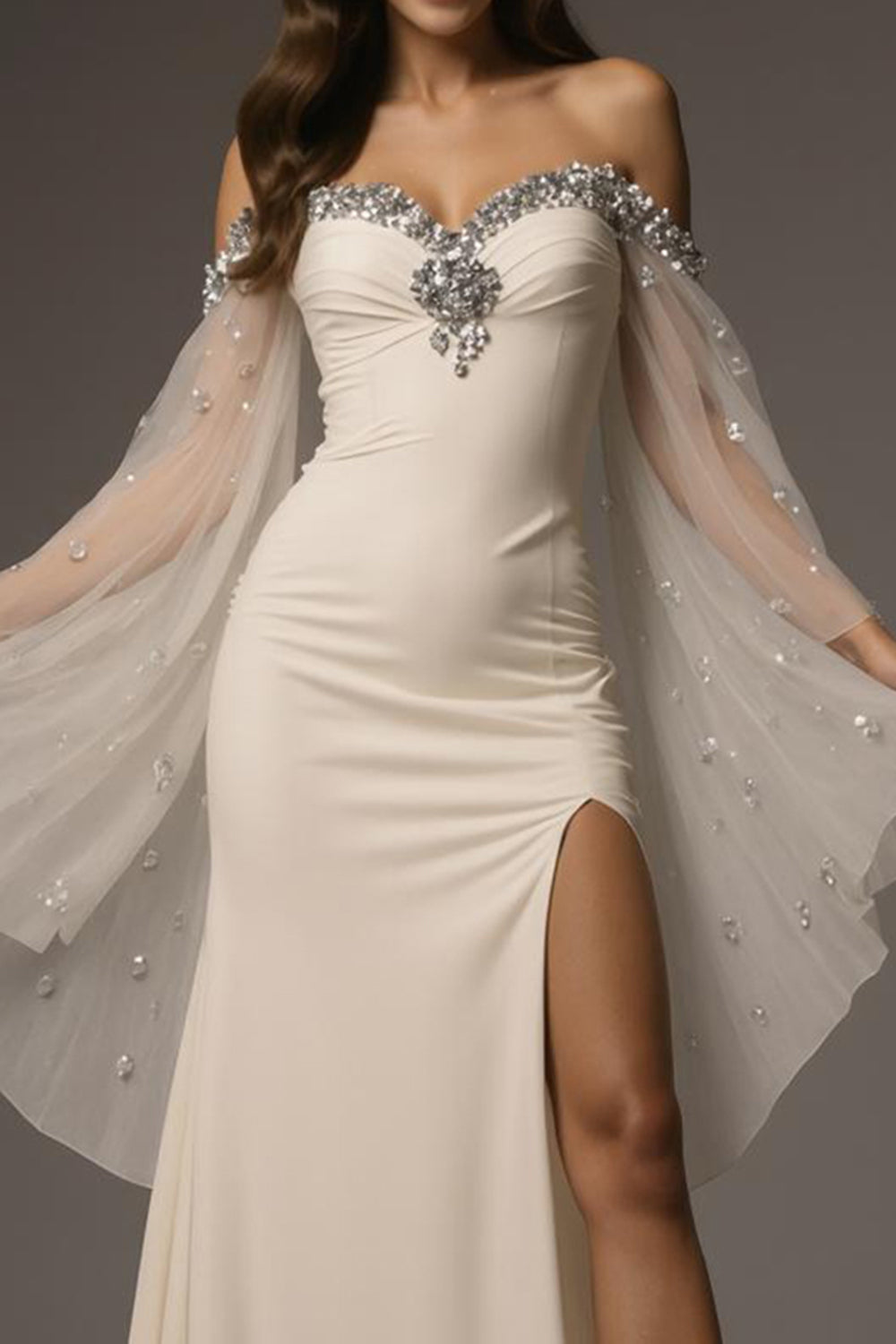 Sparkly Ivory Off the Shoulder Mermaid Long Formal Dress with Cape