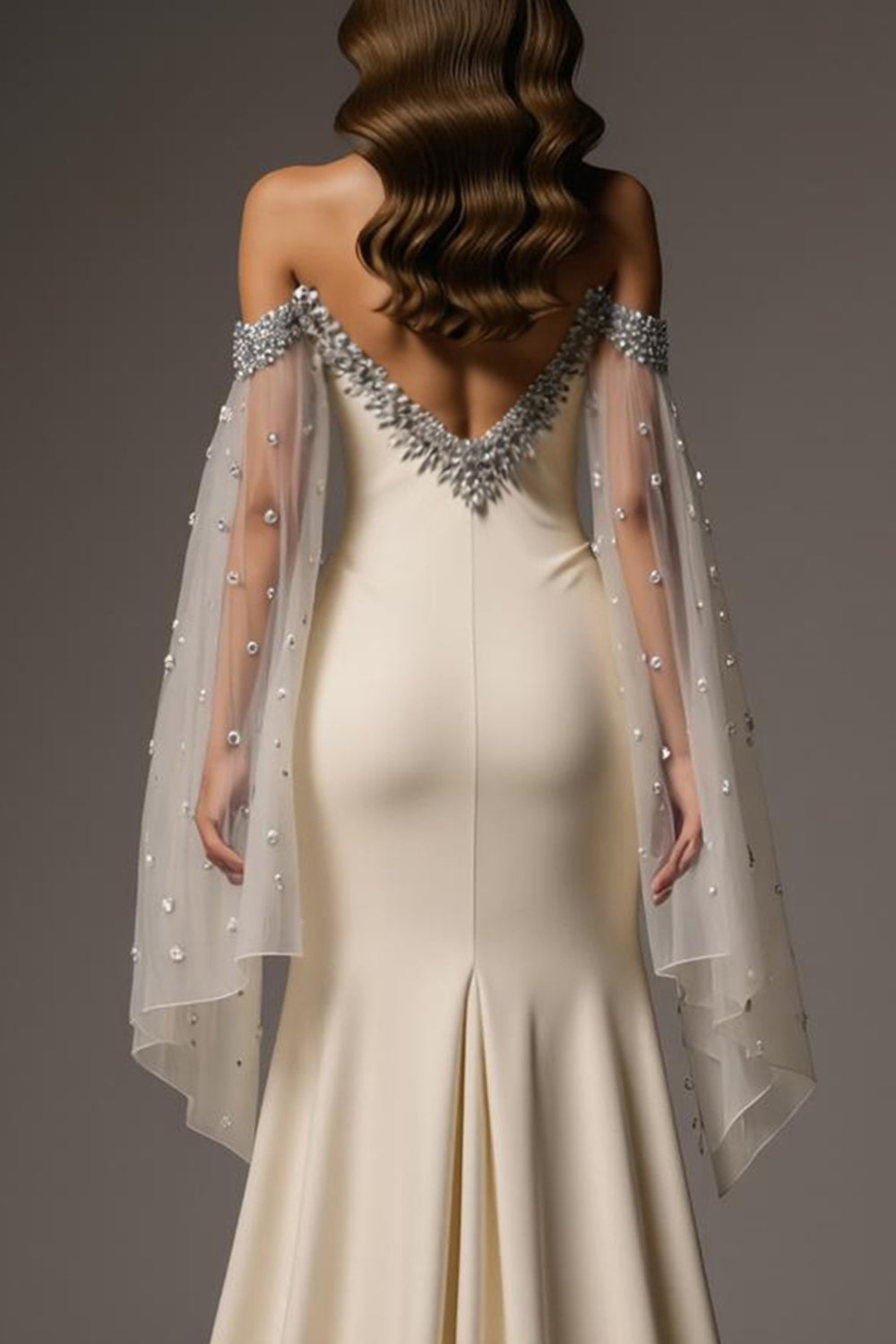 Sparkly Ivory Off the Shoulder Mermaid Long Formal Dress with Cape