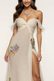 Sparkly Ivory Floral Off the Shoulder Mermaid Long Formal Dress with Slit