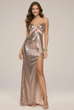 Sparkly Rose Golden Sequin Spaghetti Straps Mermaid Long Formal Dress with Slit