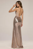 Sparkly Rose Golden Sequin Spaghetti Straps Mermaid Long Formal Dress with Slit