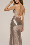 Sparkly Rose Golden Sequin Spaghetti Straps Mermaid Long Formal Dress with Slit
