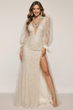 Sparkly Ivory Sequin V-Neck Long Sleeves Mermaid Long Formal Dress with Slit